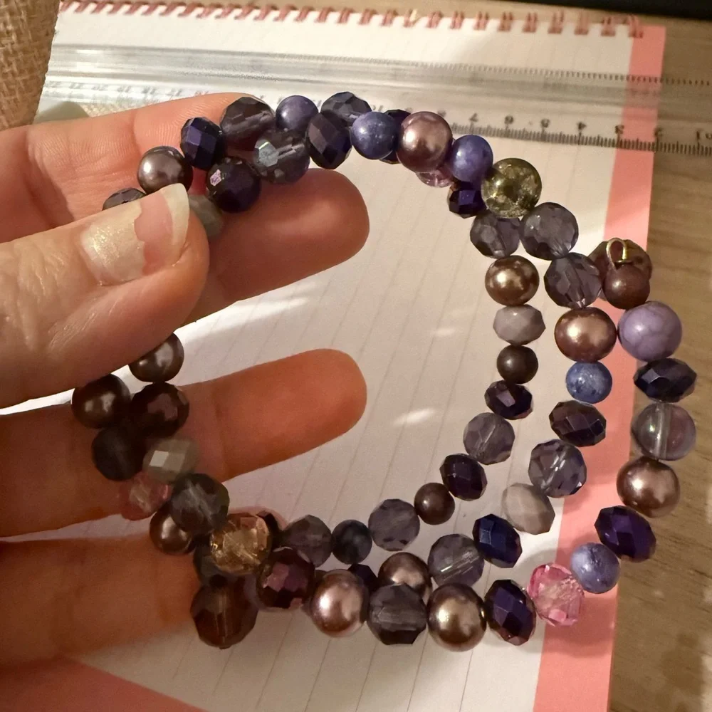 Purple Beaded Wrap Bracelet Multi Strand Coil Faux Pearl‎ Glass Crystal Charm
